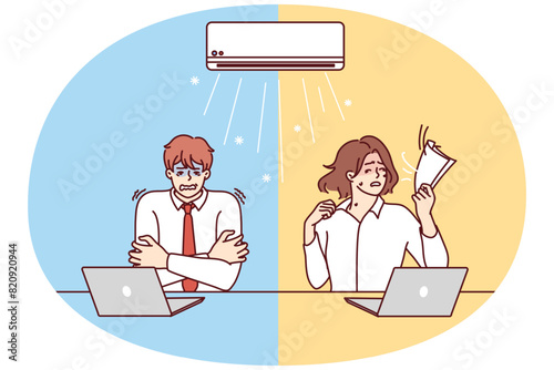 Man and woman sitting at table under air conditioner experience discomfort due to different perceptions of climate. Using office air conditioner to keep warm in winter or cool in summer climates