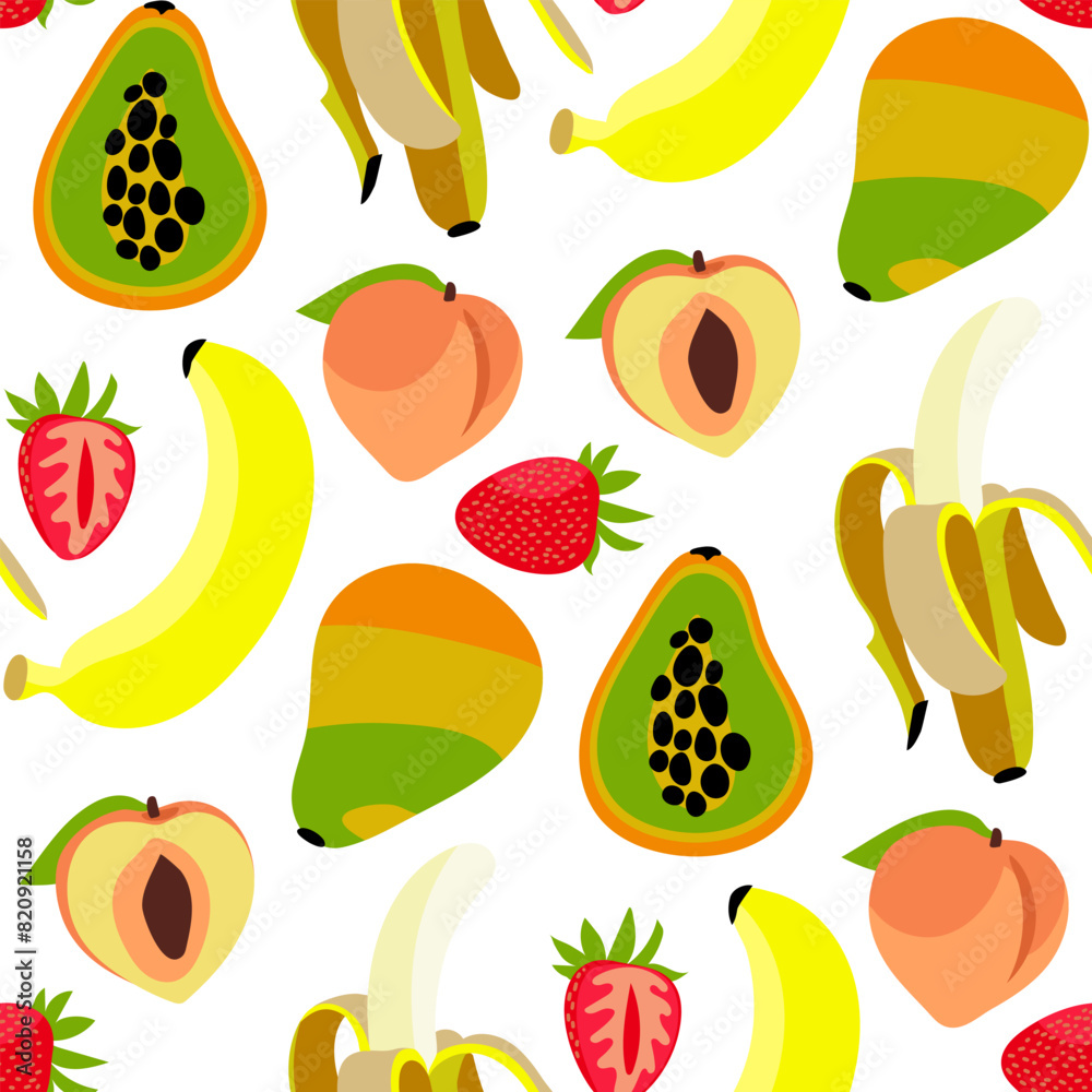 Pattern of whole fruits, berries and their halves, juicy strawberries, banana, peach, papaya. For textile prints, wallpapers or packaging materials. Ornament fruits is creative and seamless. Pattern of whole fruits, berries and their halves, juicy strawberries, banana, peach, papaya. For textile prints, wallpapers or packaging materials. Ornament fruits is creative and seamless.