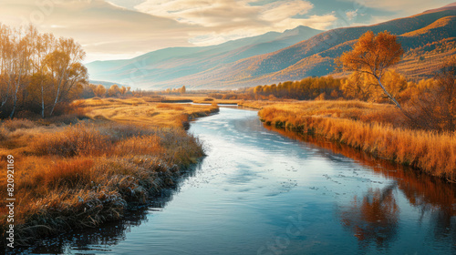 Tranquil river winding through a colorful autumn landscape. photo
