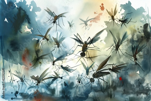 Watercolor Artwork Depicting a Swarm of Mosquitoes Attacking photo