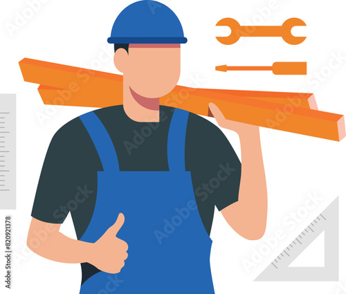 A laborer carries wood on his shoulder.