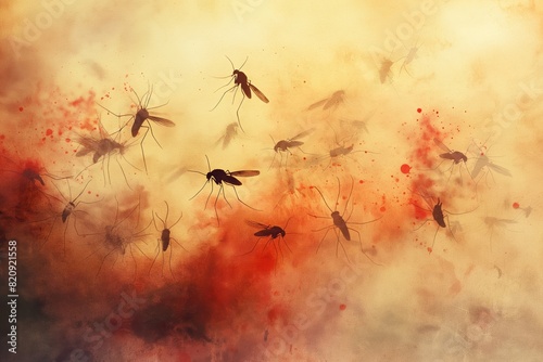 Watercolor Art Illustration Depicting Swarm of Attacking Mosquitoes
