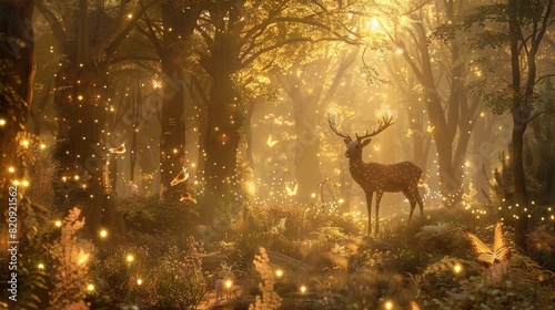 Create a dreamy forest scene with fairy lights and magical creatures.  photo