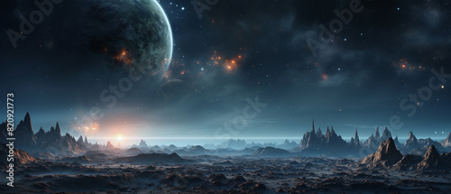 Panorama of distant planet system in space.