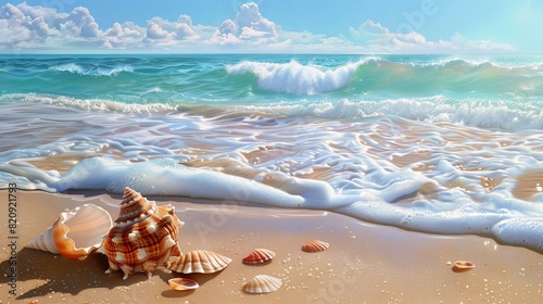 Create a peaceful beach scene with waves and seashells.