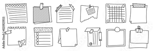 Sticky hand drawn doodle psychedelic notes on paper, cute blanks, office notices, home reminder. Paper sticky notes, memo messages, torn paper for school, university, work. Contour