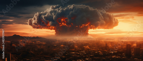 A nuke on city at distance cinemetic background.