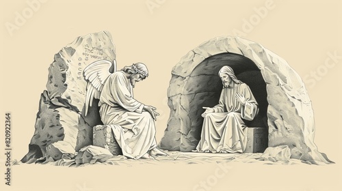 The Resurrection of Jesus with Empty Tomb and Angel on the Stone - Biblical Illustration