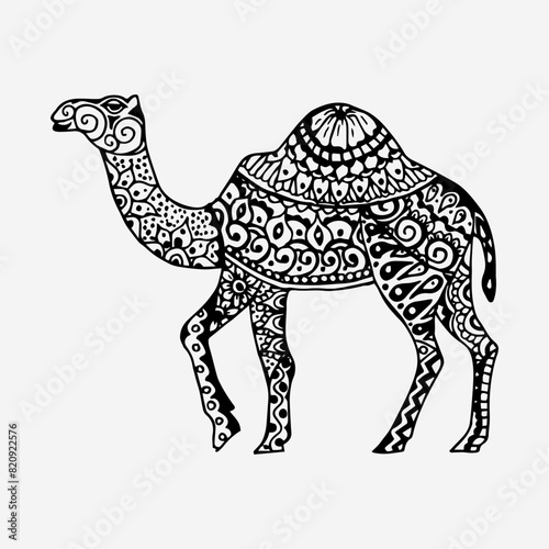 Hand Drawn camel illustration in Mandala Art style for coloring book