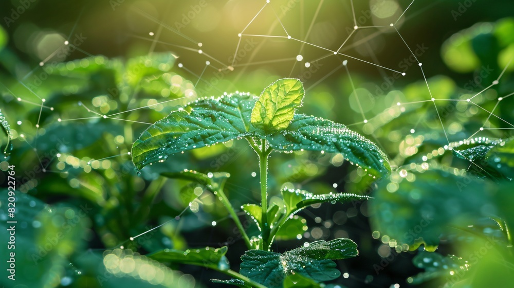 Close-up of a green plant with dew drops in sunlight. Concept of nature, growth, and technology with network connections. Close-up of a green plant with dew drops in sunlight. Concept of nature, growth, and technology with network connections.