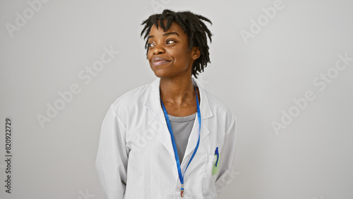 A contemplative young black woman with dreadlocks wearing a lab coat and lanyard isolated against a white background. photo