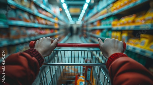 Blurry Supermarket Aisle Background with Focus on Hands on a Shopping Cart