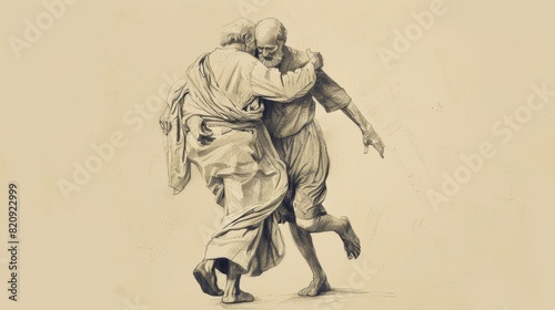 The Prodigal Son Returning Home with Father Running to Embrace - Biblical Illustration photo