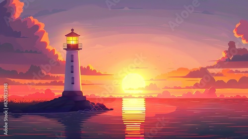 Illustration of a lighthouse against a sunrise seascape with clouds in the sky and a seascape with a navigation beacon tower over calm water. Modern illustration depicts a Mediterranean coastline