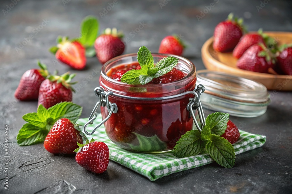 A jar of homemade strawberry, healthy jam with mint on a black background. Conservation and harvesting in summer. A jar of homemade strawberry, healthy jam with mint on a black background. Conservation and harvesting in summer.