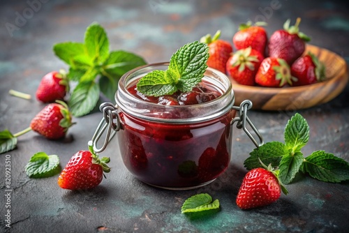 A jar of homemade strawberry, healthy jam with mint on a black background. Conservation and harvesting in summer.
