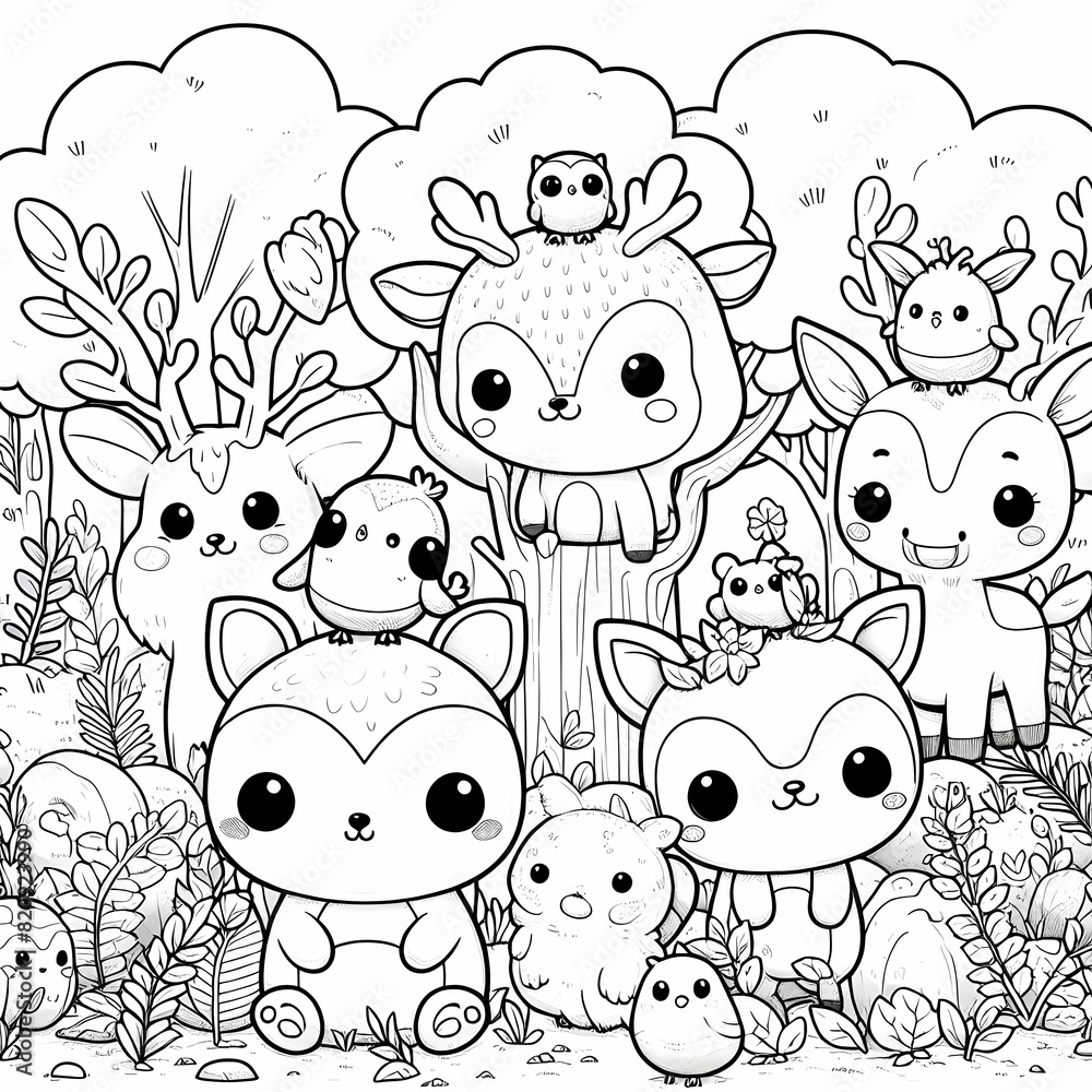 Obraz premium Forest Friends: Adorable Kawaii Coloring Fun for Kids