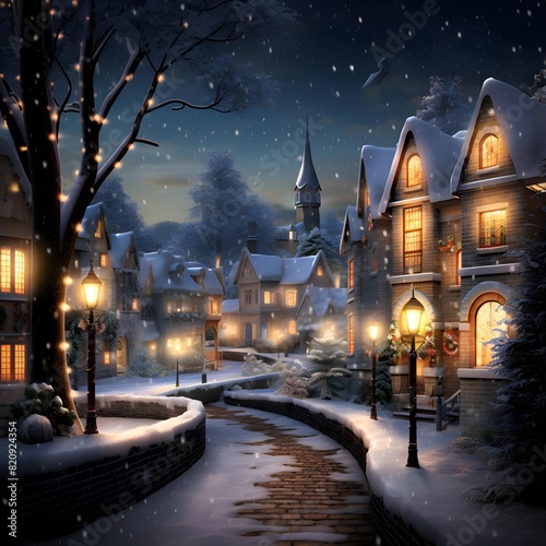 Winter night in the old town. Illustration. Snowfall.