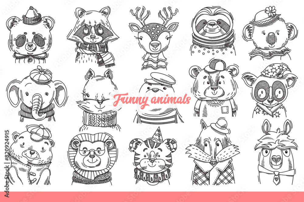 Faces of funny animals from forest or savannah dressed in clothes and hats or glasses. Positive wild beasts and animals stand with smile on faces and look at screen. Hand drawn doodle Faces of funny animals from forest or savannah dressed in clothes and hats or glasses. Positive wild beasts and animals stand with smile on faces and look at screen. Hand drawn doodle