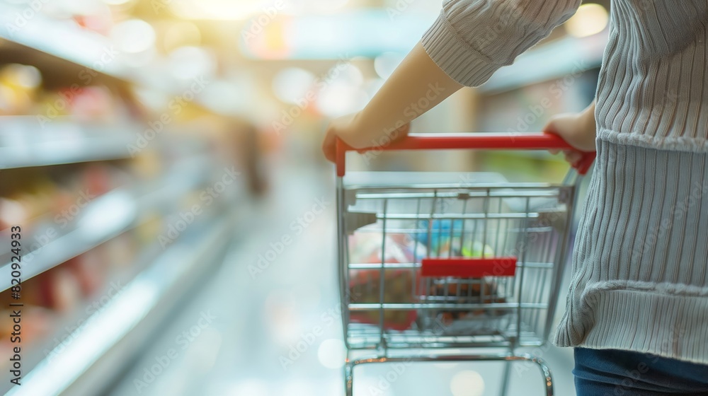Person Pushing Shopping Trolley in an Uncluttered Supermarket with a Plain Background