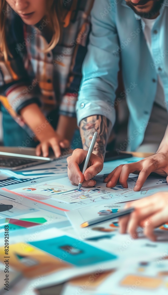 Design a detailed close-up illustrating a team collaborating on a digital marketing strategy, blending photorealistic and CG elements Design a detailed close-up illustrating a team collaborating on a digital marketing strategy, blending photorealistic and CG elements
