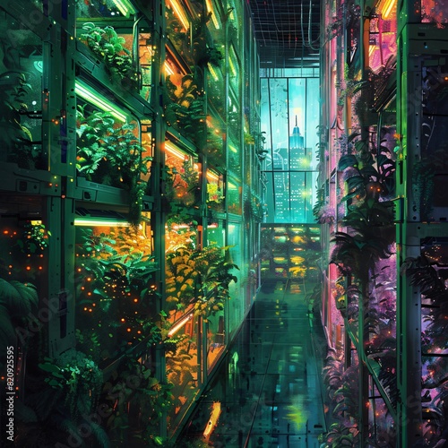 Futuristic indoor vertical garden with vibrant neon lights  showcasing advanced urban farming technology and lush greenery in a modern setting.