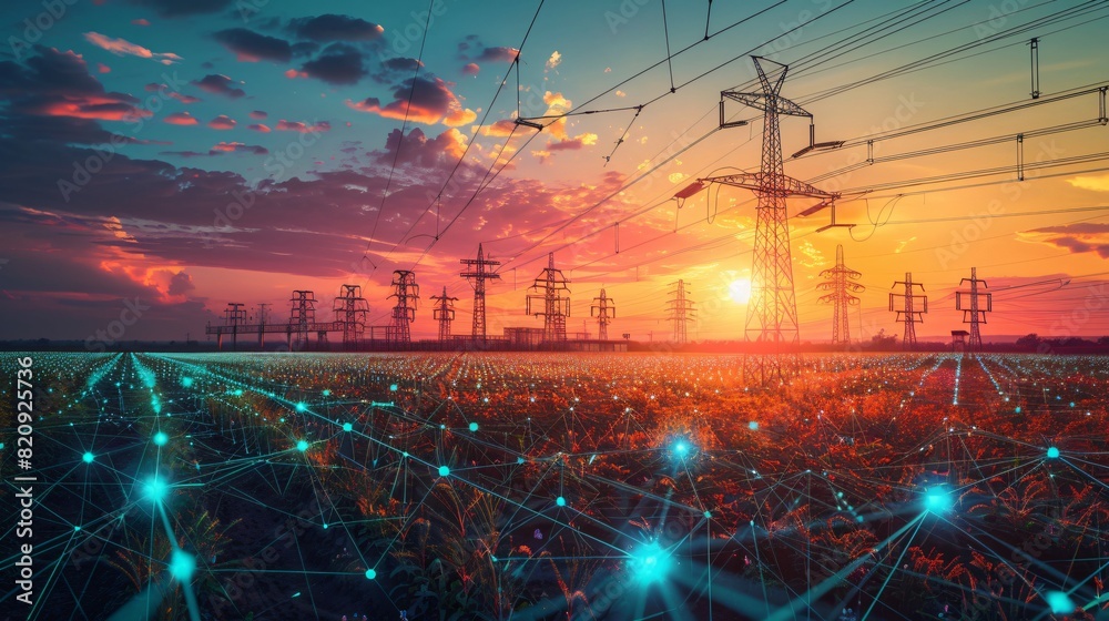 Fototapeta premium Futuristic smart grid with interconnected energy network and transmission towers at sunset, illustrating advanced technology and sustainable energy.