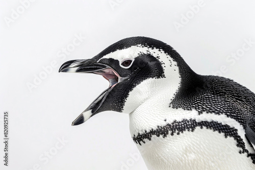 A penguin with its beak open, appearing to laugh, isolated on a white background