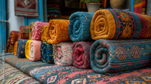 Folded colourful carpets near the house. Colourful background. Selective focus  photo