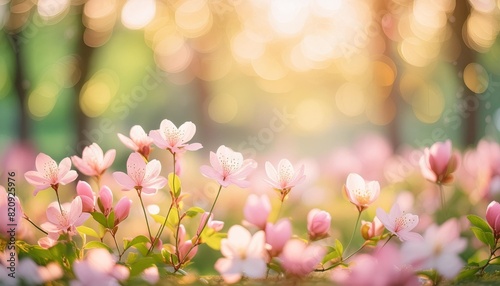 a soft spring bokeh light blur background in pink green and gold colors
