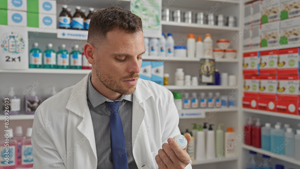 Handsome pharmacist examining a product inside a well-stocked drugstore Handsome pharmacist examining a product inside a well-stocked drugstore