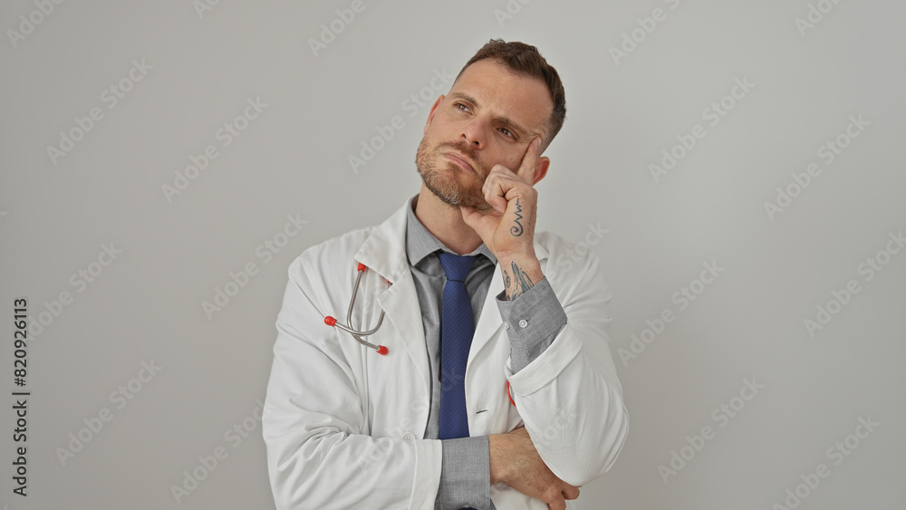 Pensive man in lab coat with tie and stethoscope over isolated white background looks contemplative. Pensive man in lab coat with tie and stethoscope over isolated white background looks contemplative.