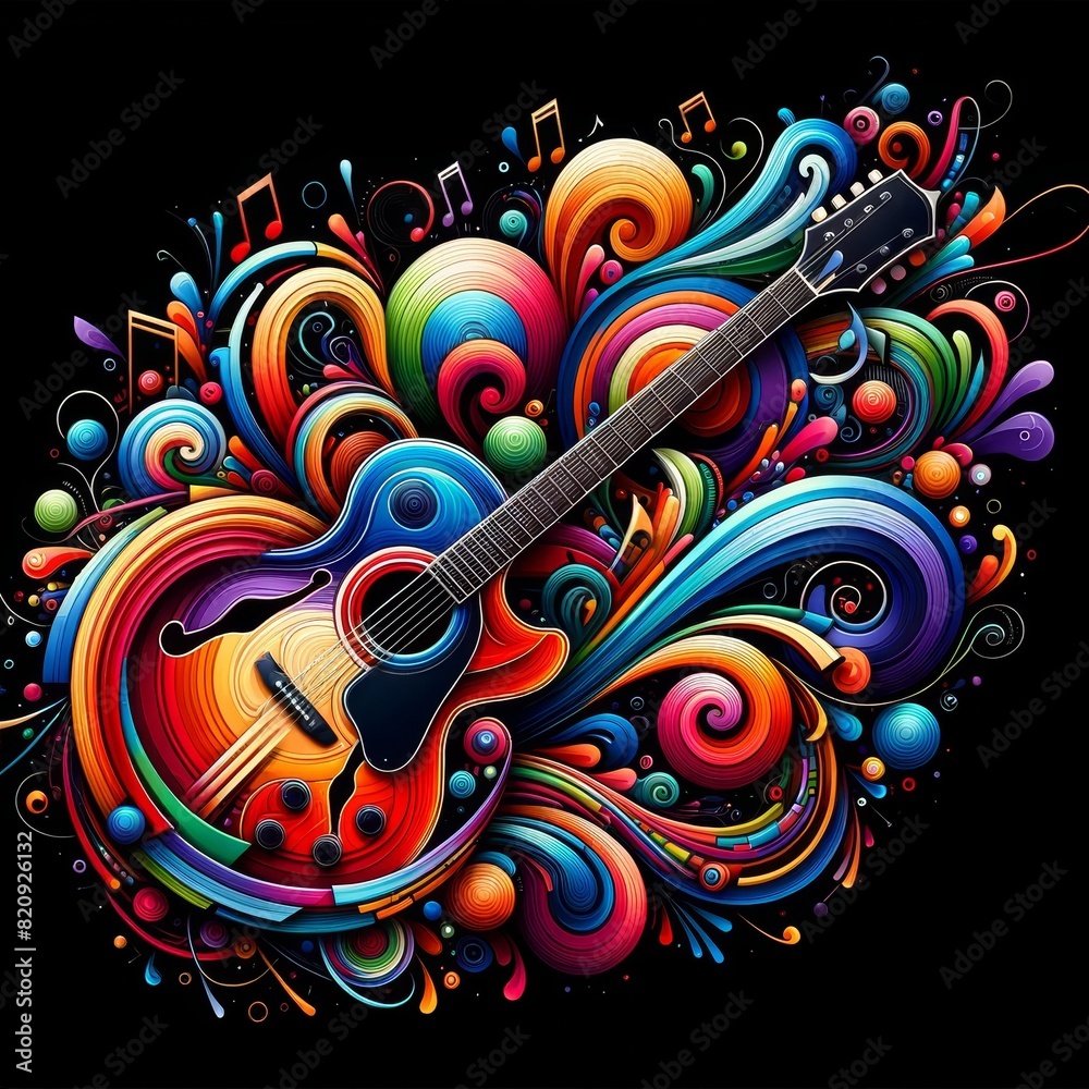 A colorful and vibrant depiction of a guitar surrounded by swirling, abstract musical notes and patterns on a black background.