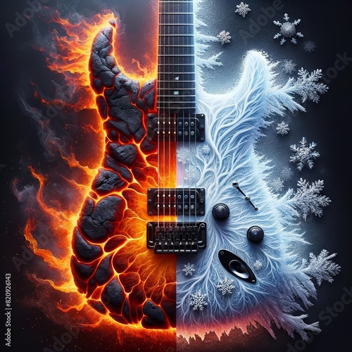 A guitar split between fire and ice themes, showcasing contrasting elements of heat and cold in a visually striking artwork.