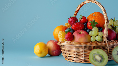 Wicker basket with different fresh fruits on blue background