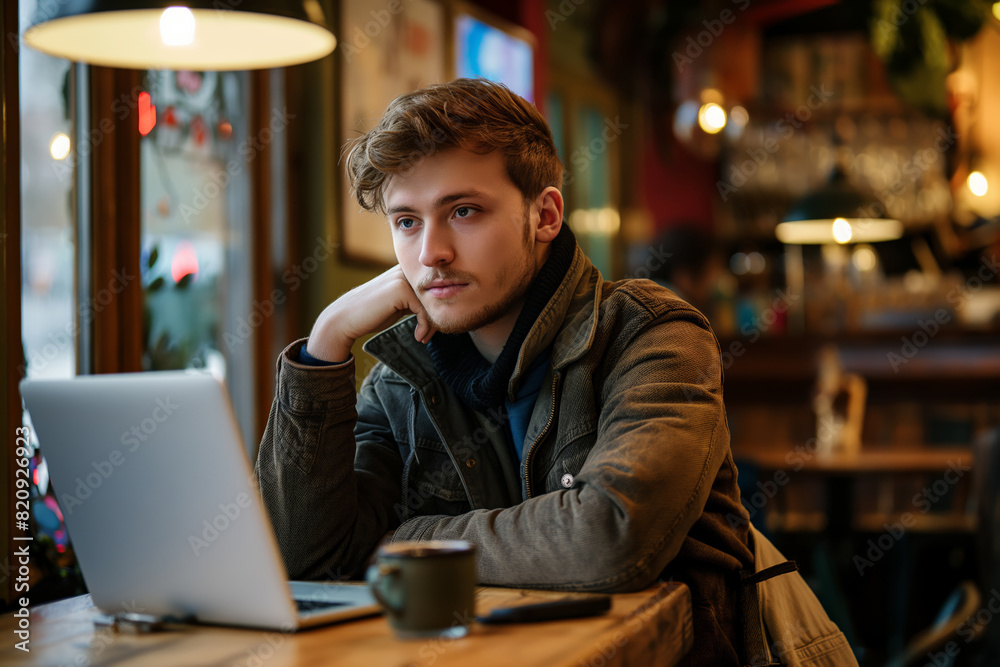 Young man thinking deeply while working at a café with coffee and laptop during the day Young man thinking deeply while working at a café with coffee and laptop during the day