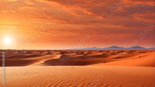 Orange  Imagine a glowing orange sunset over a vast desert landscape. Describe the fiery sky  the endless dunes of the desert reflecting the warm hues  and the stillness of the scene. Convey the sense