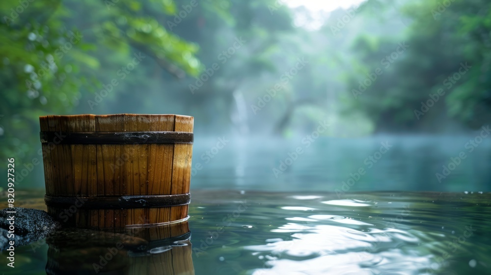 Close-up of traditional wooden bucket beside a calm hot spring pool Close-up of traditional wooden bucket beside a calm hot spring pool