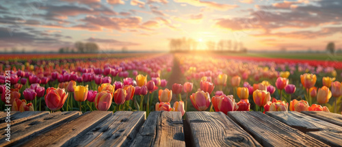 empty wooden product display table with red pink Tulips  flowers meadow field in the background and bright blue cloudy sky created with Generative AI Technology #820927361