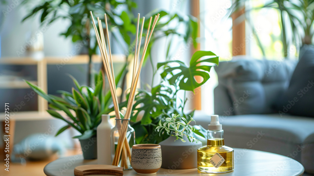 Wilted houseplants with reed diffuser and decor on tab