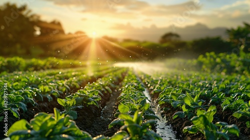 Lush green rows of crops on a farm during sunrise  capturing the beauty of sustainable agriculture and nature s morning light.