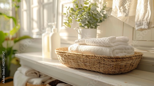 Cozy corner in a laundry room with a basket of detergent and fresh towels. photo