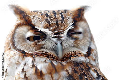 An owl winking with one eye, looking playful, isolated on a white background