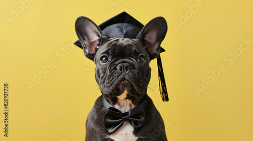 Cute French Bulldog in mortar board and bow tie on yellow background © Black
