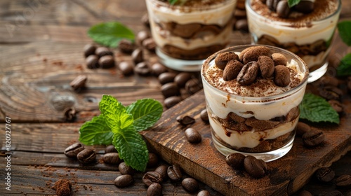 Delicious tiramisu dessert served in glass cups, garnished with chocolate shavings and mint leaves.