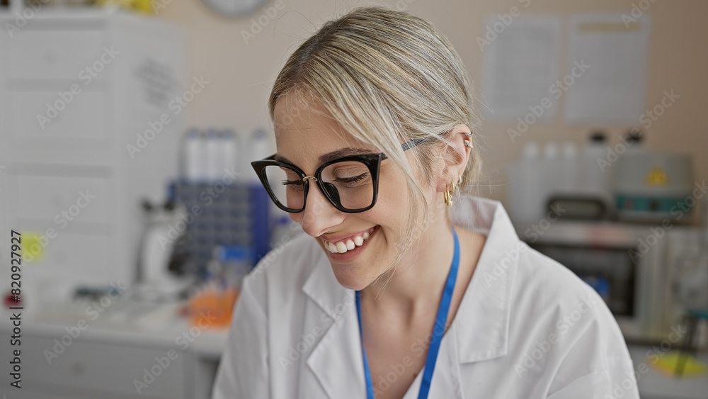 Smiling young blonde woman with glasses, posing in a laboratory setting, indicative of healthcare or scientific research. Smiling young blonde woman with glasses, posing in a laboratory setting, indicative of healthcare or scientific research.
