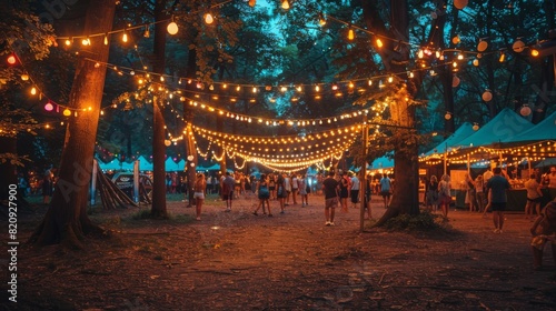 An enchanting evening at an outdoor festival with people and string lights creating a warm and festive atmosphere