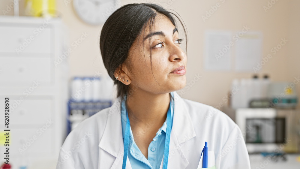 A thoughtful indian woman healthcare professional inside a laboratory, gazing away contemplatively. A thoughtful indian woman healthcare professional inside a laboratory, gazing away contemplatively.
