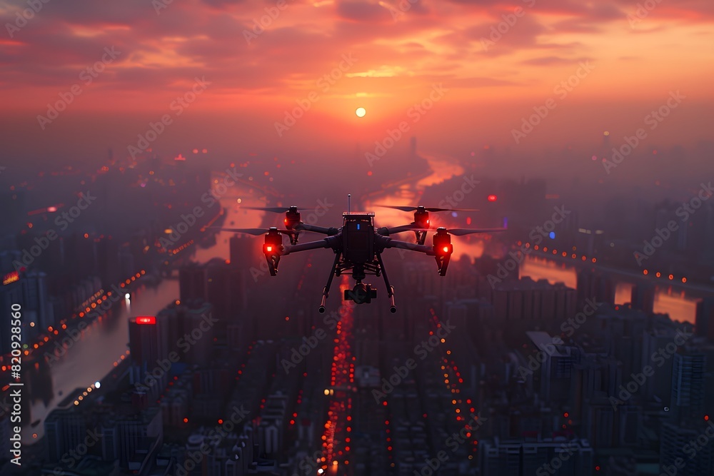 Autonomous drone using AI for navigation, flying over a modern cityscape, showcasing advancements in AI and aerial technology. List of Art Media Photograph inspired by Spring magazine Autonomous drone using AI for navigation, flying over a modern cityscape, showcasing advancements in AI and aerial technology. List of Art Media Photograph inspired by Spring magazine