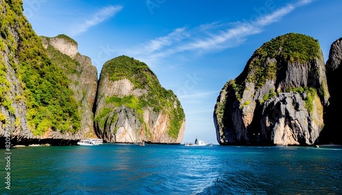 beautiful seascape view with rocky mountains and blue sky at maya bay © Ashleigh